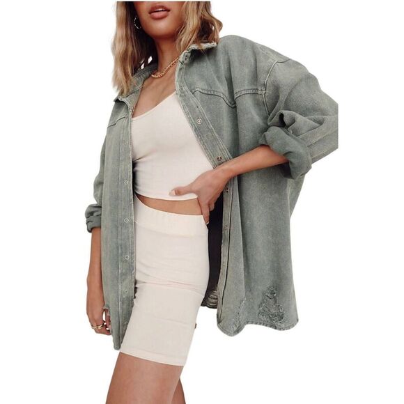 12th Tribe Nashville nights oversized olive shacket One Size - Picture 9 of 10